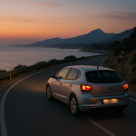 Tourist driving a hire car along a Spanish coastal road at dusk.