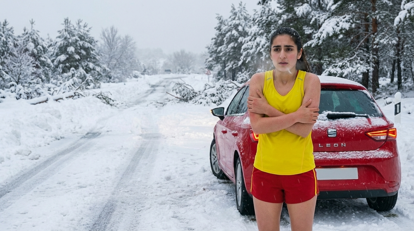 Snow-covered mountain road in Spain with warning signs visible.