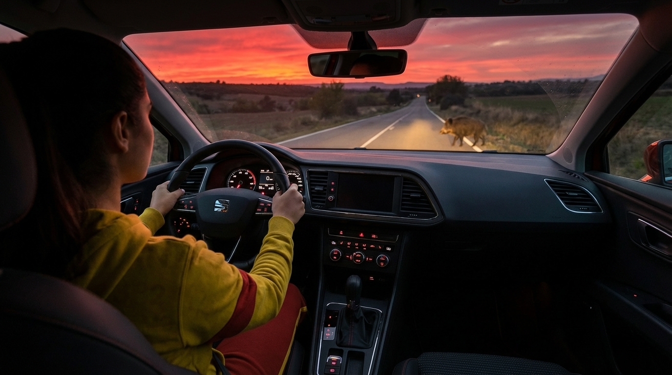 Warning sign for wild animals beside a rural Spanish road at dusk.
