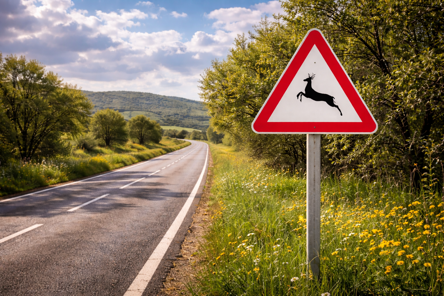 Warning sign for wild animals beside a rural Spanish road in spring.