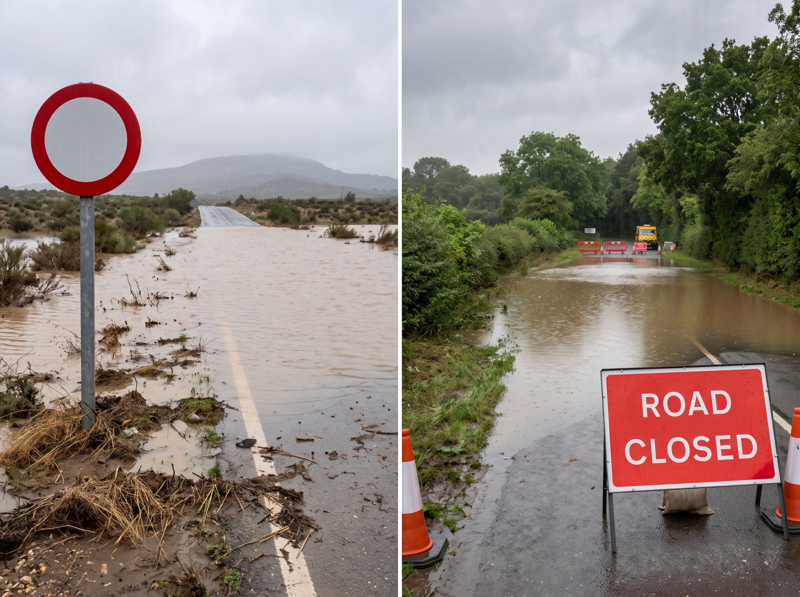 A vertical split photograph showing two versions of a flooded road. The left panel, titled "SPAIN R-100," depicts a flooded rural landscape under an overcast sky, with a blank red-bordered circular sign on a metal post in the foreground. The right panel, titled "UK ROAD CLOSED," shows a lush green lane similarly flooded, with a rectangular red sign clearly displaying "ROAD CLOSED" in white capital letters. Debris and silt are present on the roadsides in both scenes.